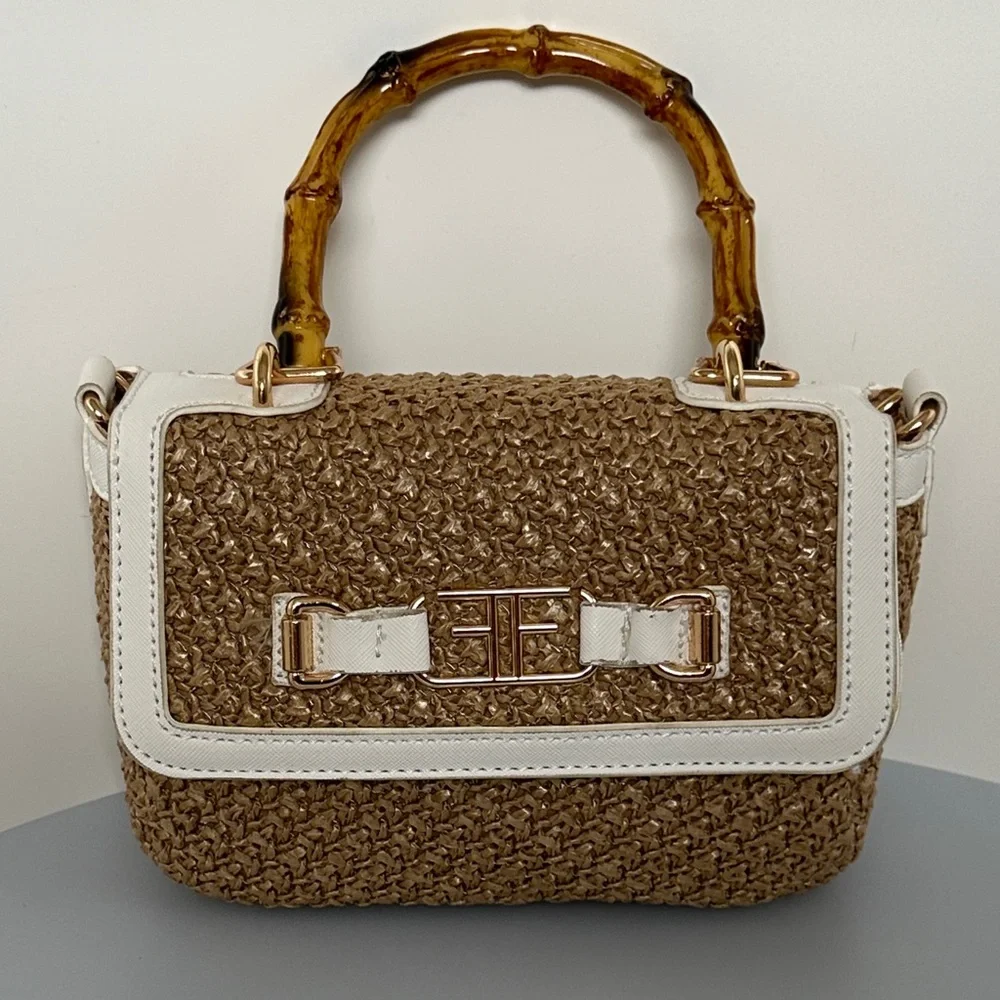 Studio F Chic Tan and White Satchel with Bamboo Handle